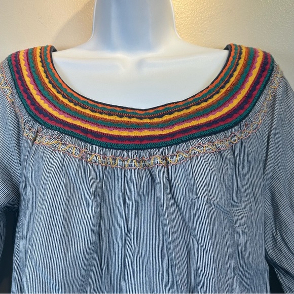 Lucky Brand Striped Peasant Top With Colorful Neck & Cuff Detail Bohemian - Picture 4 of 11